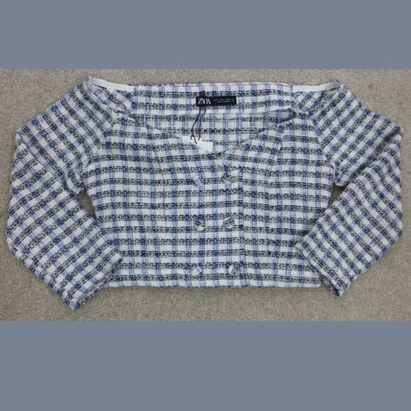 NWT Zara Tweed Off-The Shoulder V-Neck Top with Long Sleeves - Picture 12 of 12